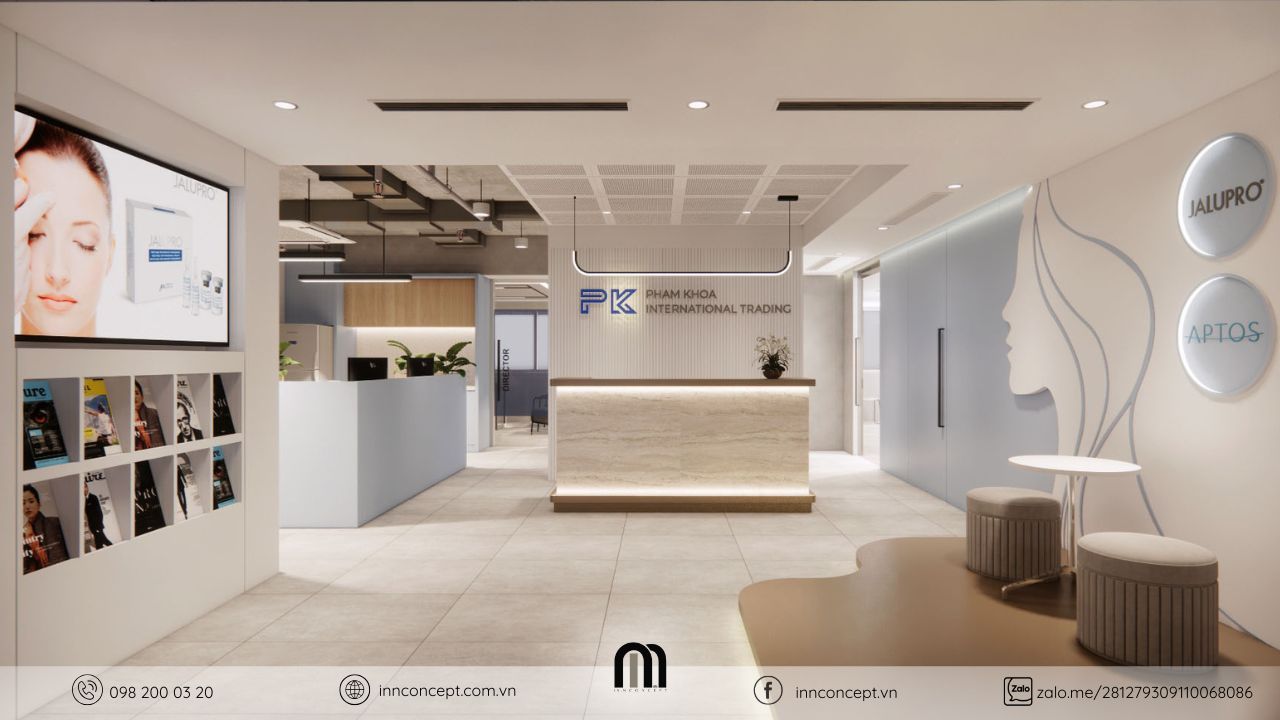 Modern reception area with branding.