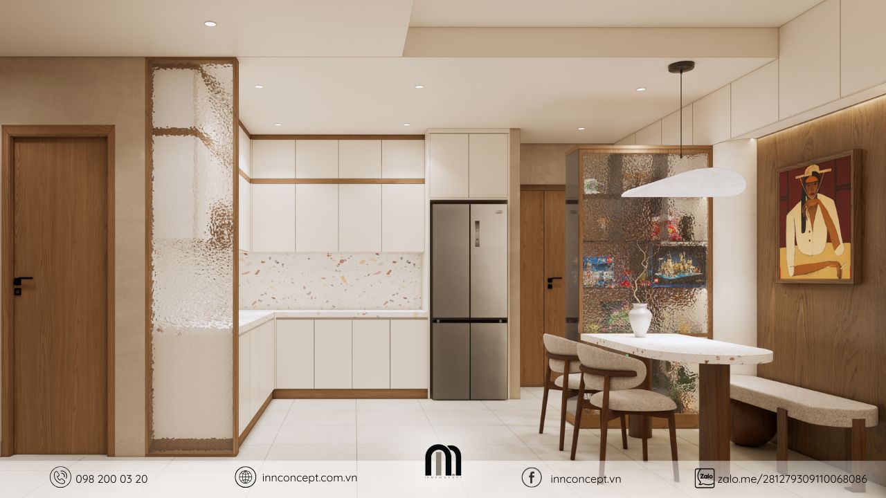 Bố cục không gian mở trong thiết kế nội thất căn hộ Warm Classic.