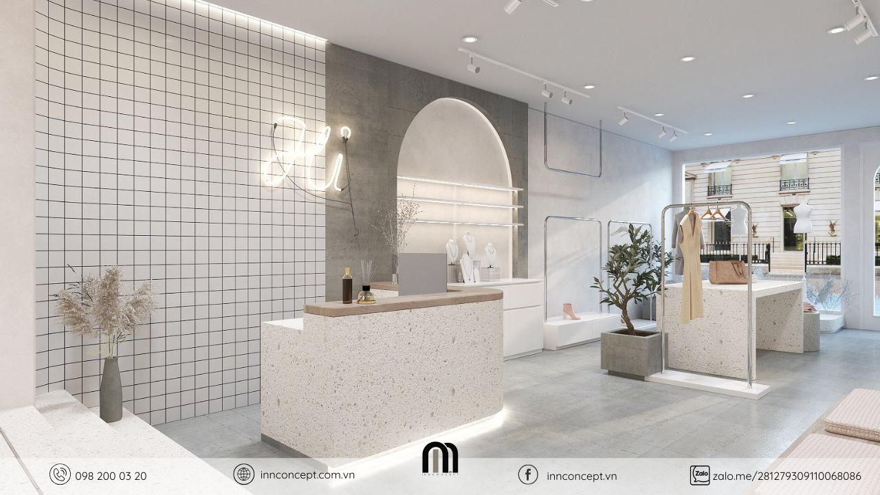 Bố cục không gian mở trong thiết kế nội thất shop thời trang.