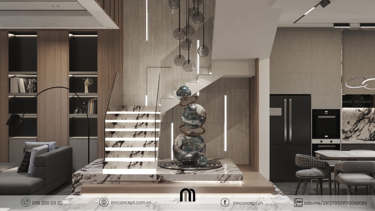 Cầu thang đá marble sang trọng với đèn LED thông minh.