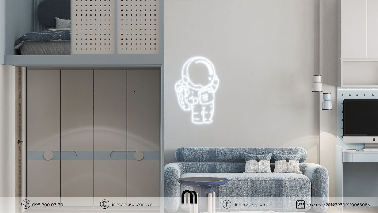Đèn neon hình phi hành gia là điểm nhấn sở thích cá nhân trong thiết kế nội thất villa.