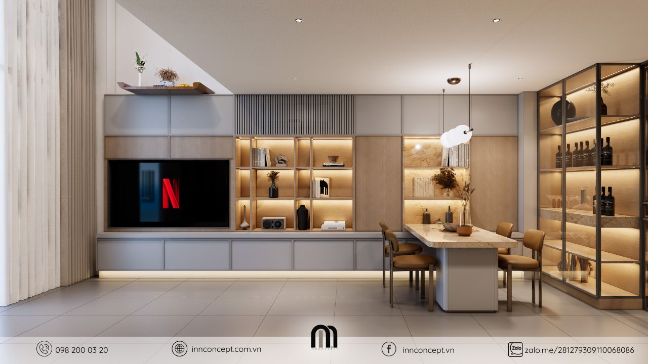 Hệ tủ kệ tivi trang trí căn hộ chung cư cao cấp.