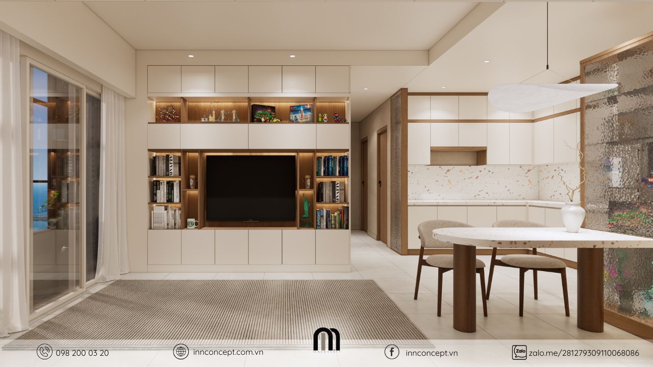  Hệ tủ tivi thông minh trong thiết kế nội thất căn hộ phong cách Warm Classic.