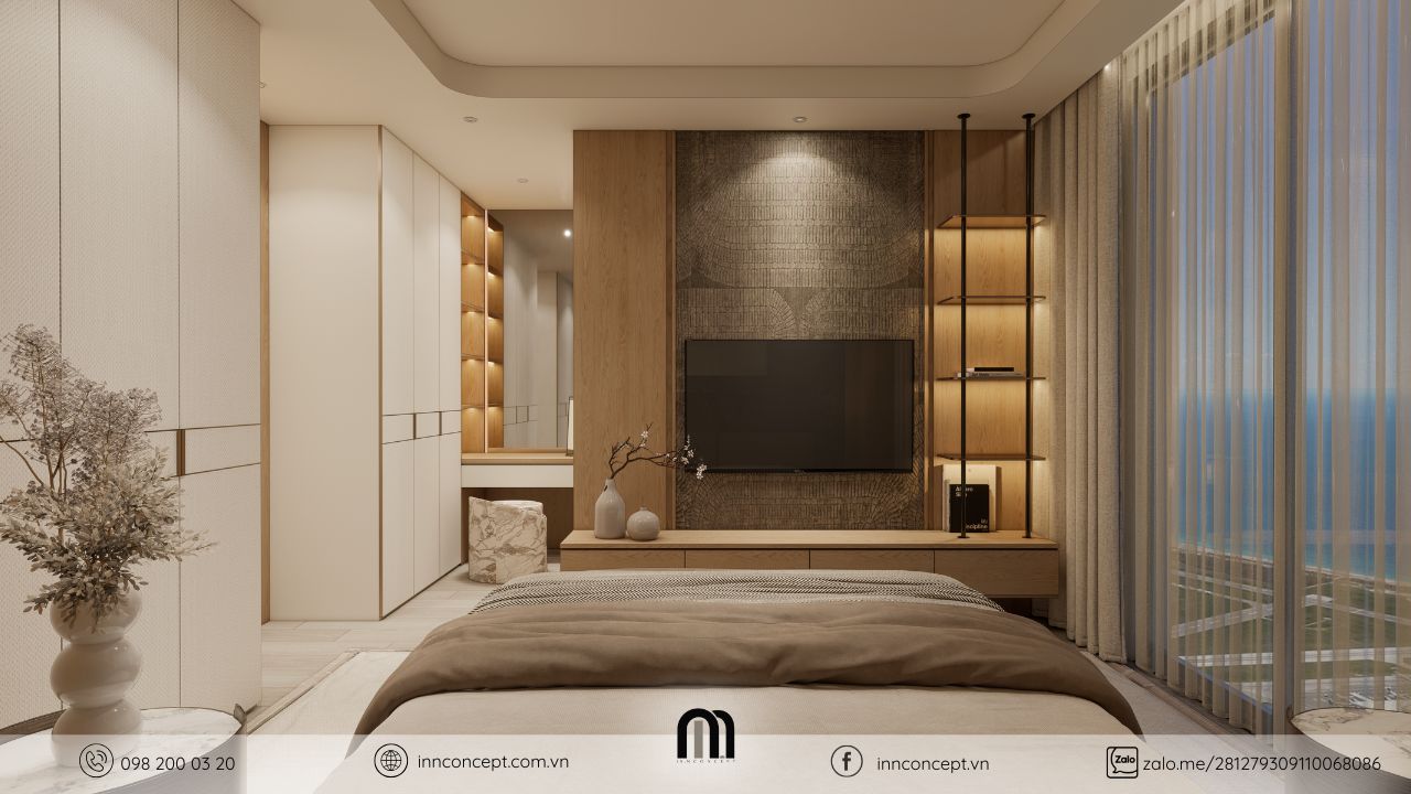 Hệ tủ tivi và kệ trang trí gỗ kịch trần trong thiết kế nội thất nhà phố.