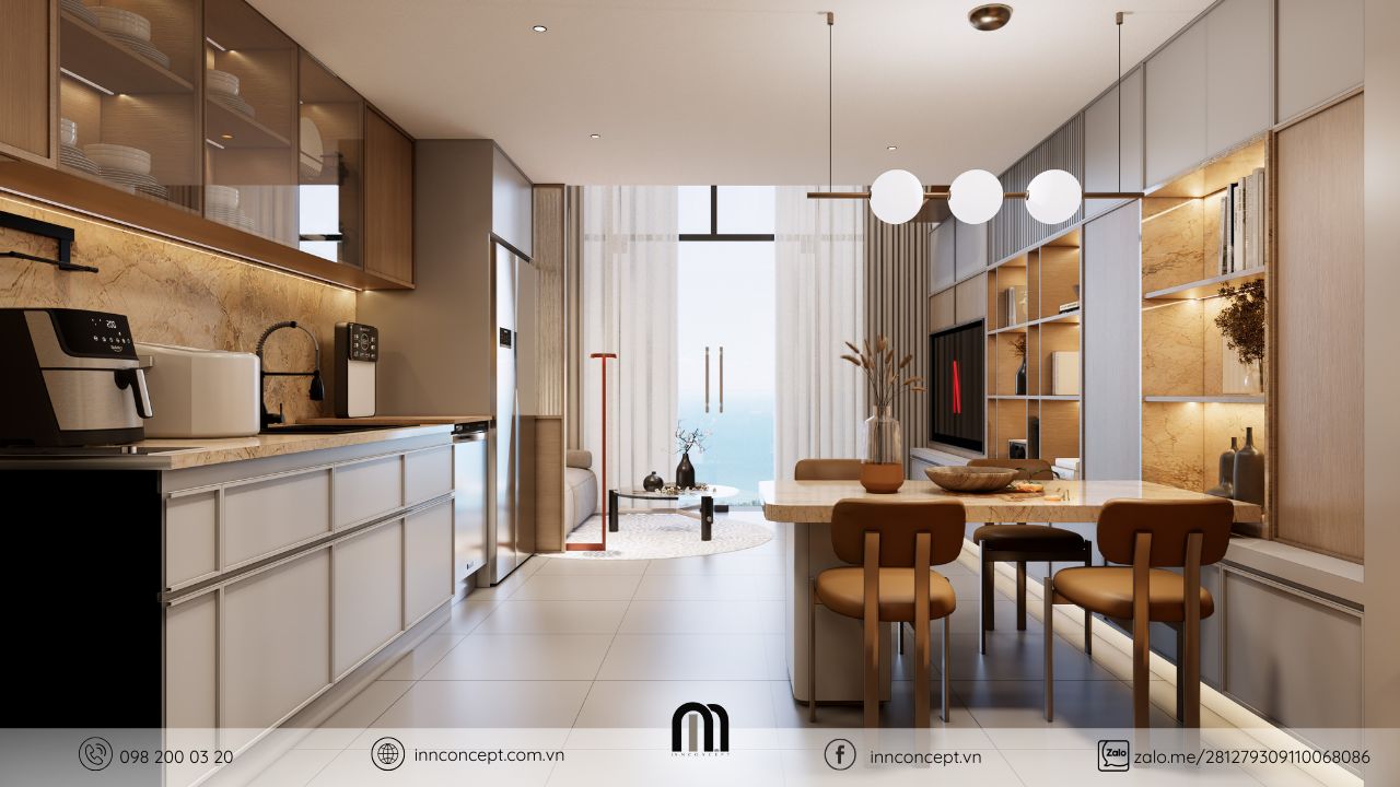 Không gian mở phòng khách và bếp căn hộ cozy vibe.