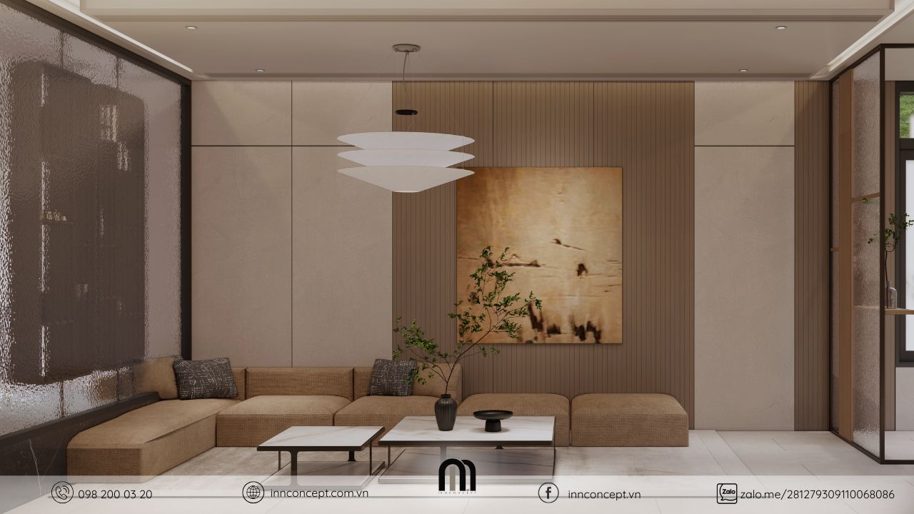 Không gian phòng khách ấm cúng trong thiết kế nội thất nhà phố trung tính.