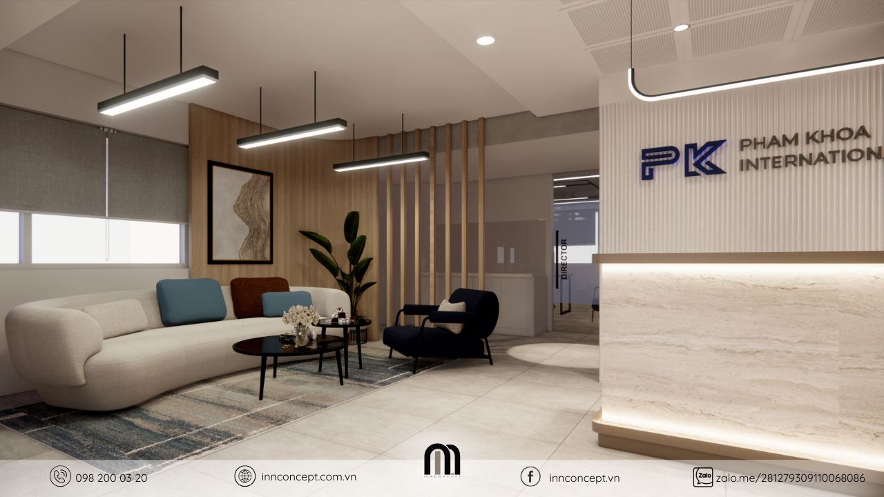 Khu vực ghế chờ sang trọng trong thiết kế nội thất văn phòng hiện đại.