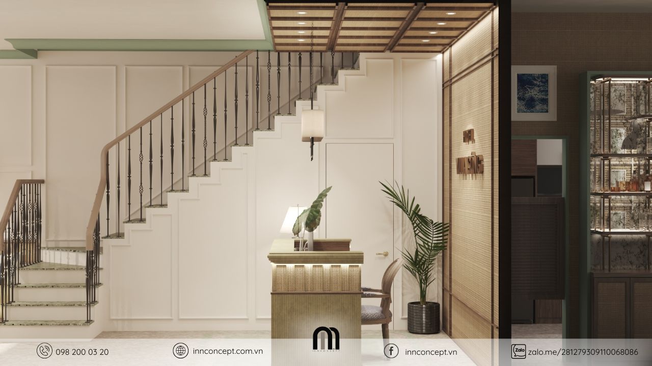 Khu vực lễ tân phong cách thiết kế nội thất khách sạn phong cách Indochine địa trung hải.