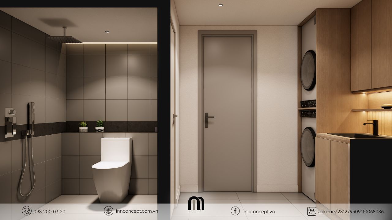 Nhà vệ sinh hiện đại tông xám ấm áp.