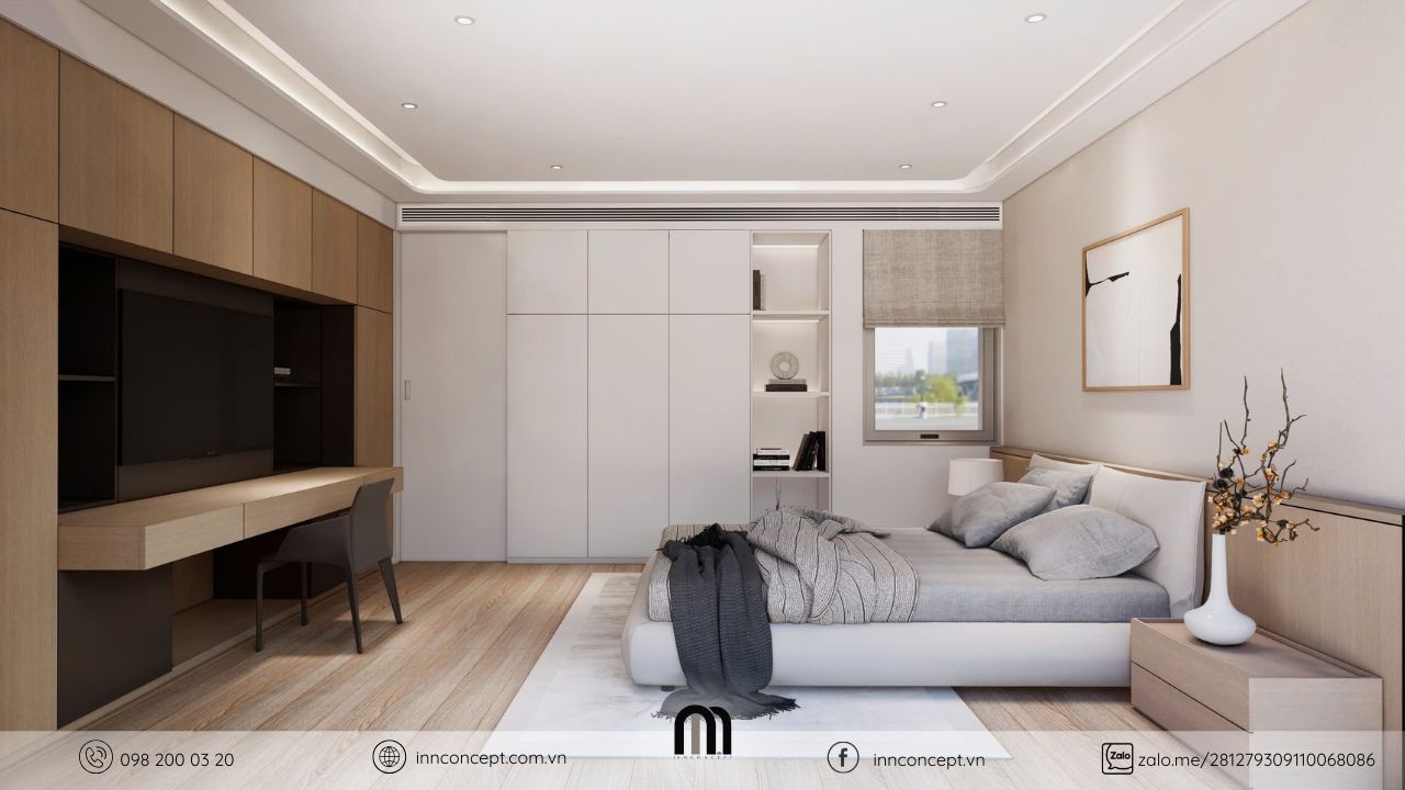 Nội thất phòng ngủ tích hợp bàn làm việc.