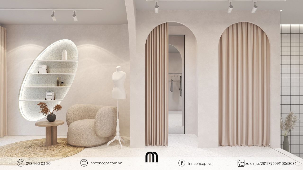 Phòng thử đồ shop thời trang tối giản với ánh sáng chuẩn studio.
