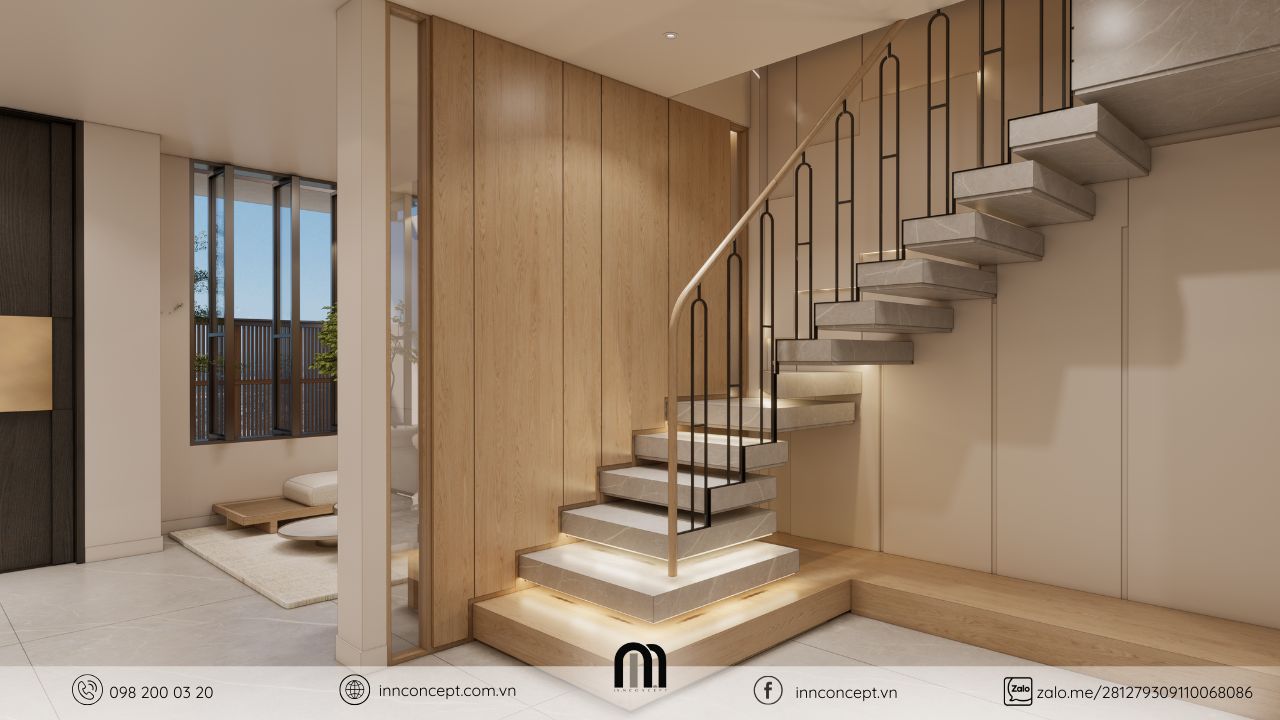Thiết kế cầu thang hiện đại với đèn LED tự động trong nhà phố.