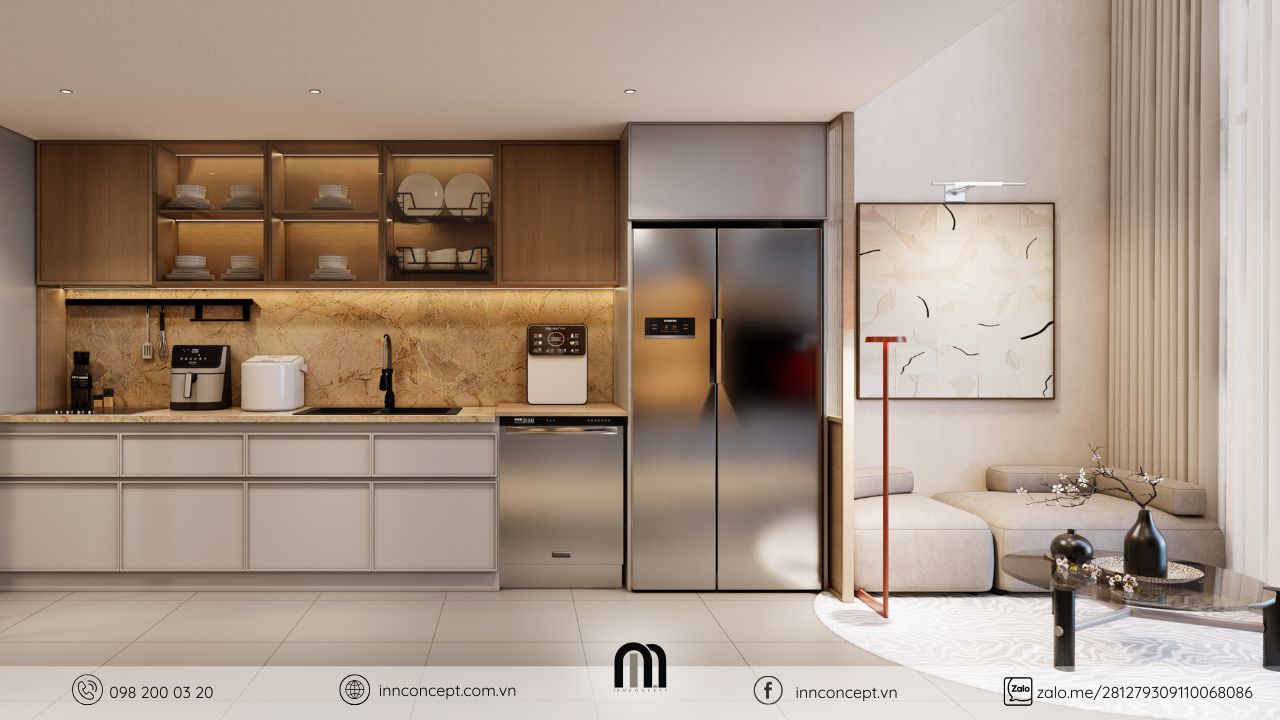 Thiết kế nội thất căn hộ cozy vibe khu vực bếp chữ I hiện đại.