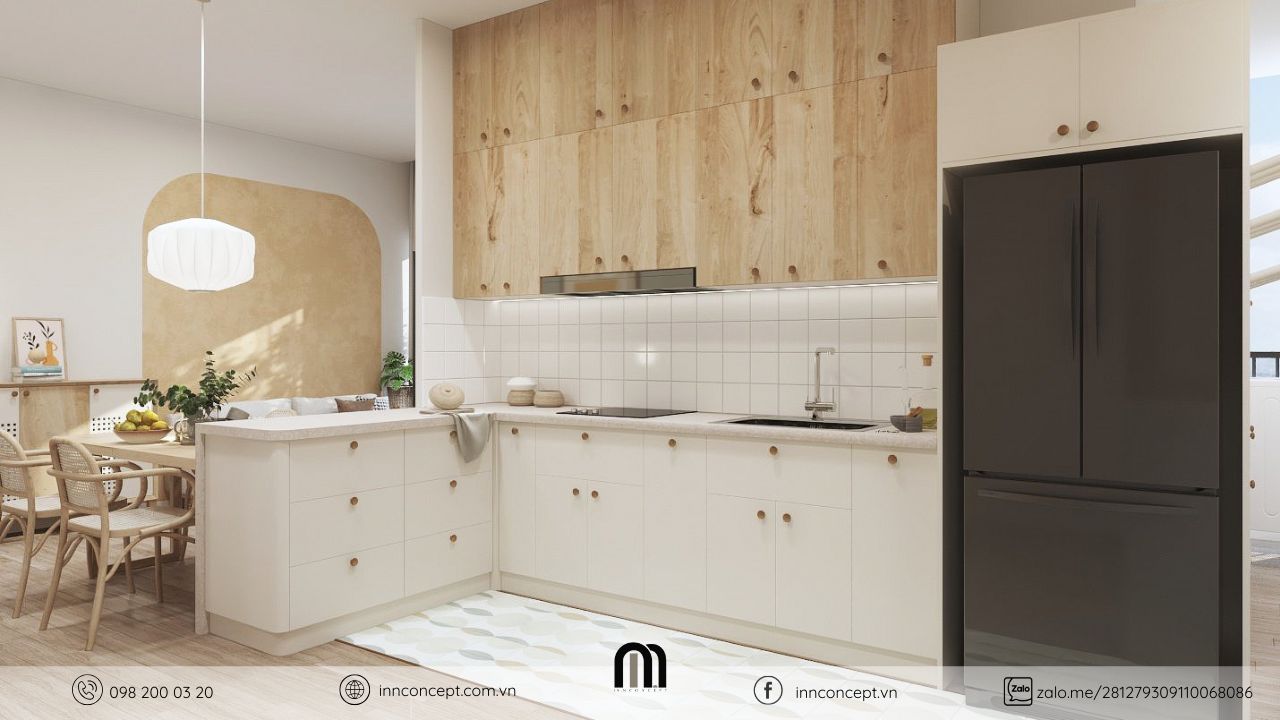 Thiết kế nội thất căn hộ phong cách Japandi hệ bếp gỗ kịch trần.