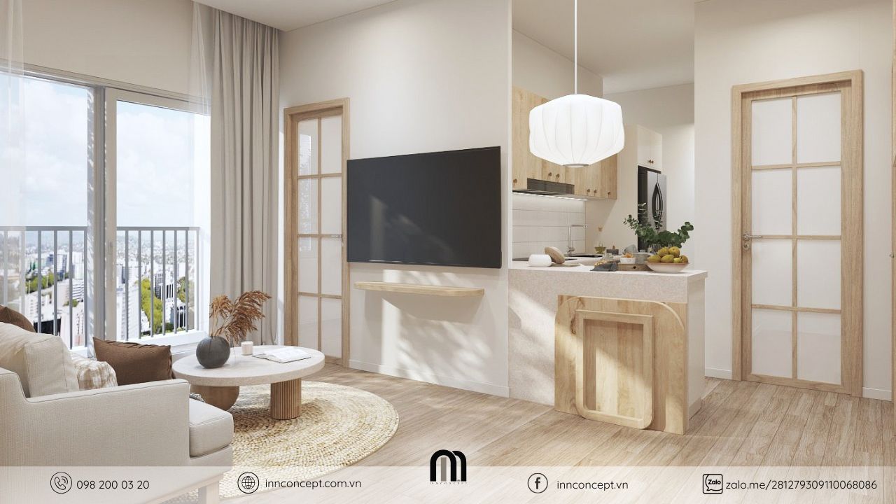 Thiết kế nội thất căn hộ phong cách Japandi kệ tivi và quầy bar tích hợp.