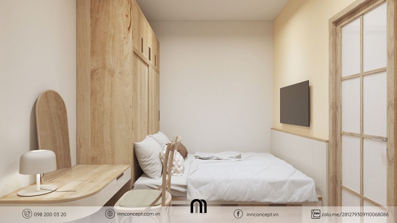 Thiết kế nội thất căn hộ phong cách Japandi phòng ngủ đa năng.