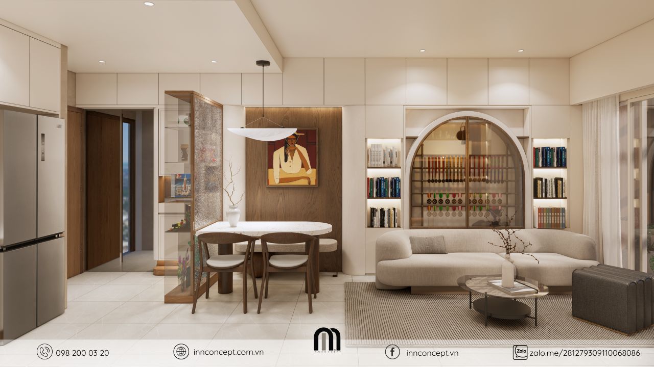 Thiết kế nội thất căn hộ phong cách Warm Classic không gian phòng khách sang trọng tinh tế.