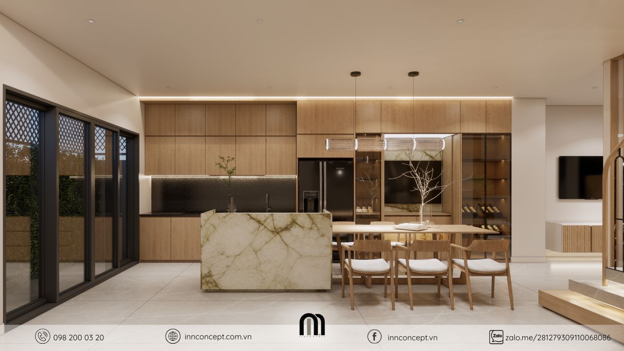 Thiết kế nội thất nhà phố khu vực bếp ăn với đảo bếp đá marble cao cấp.