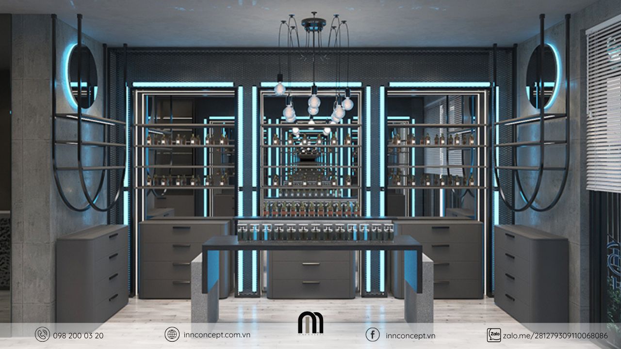 Thiết kế nội thất nhà phố kinh doanh khu vực trưng bày đường nét đối xứng, mạnh mẽ.