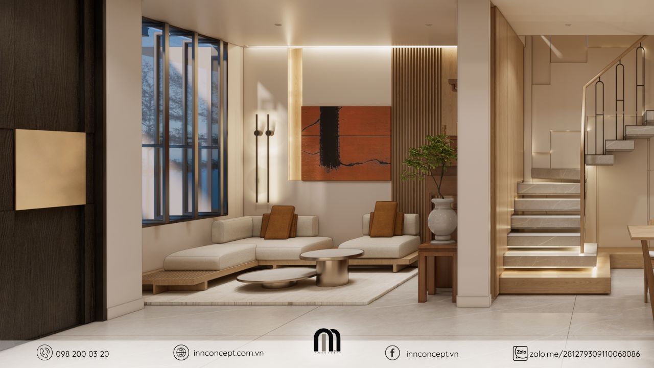 Thiết kế nội thất nhà phố phòng khách phong cách thanh lịch.