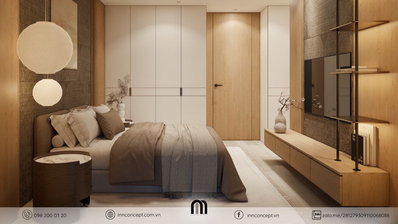 Thiết kế nội thất nhà phố phòng ngủ giường bục không gầm gỗ sồi.