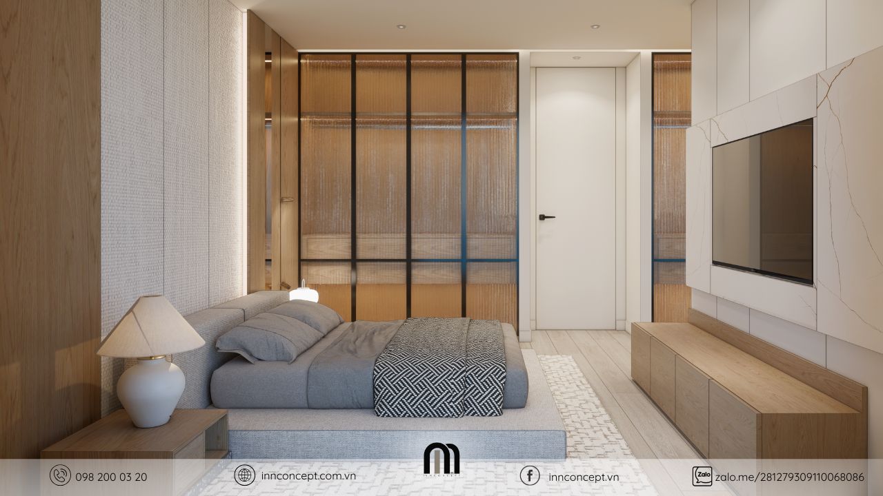 Thiết kế nội thất nhà phố phòng ngủ phong cách Japandi tối giản.