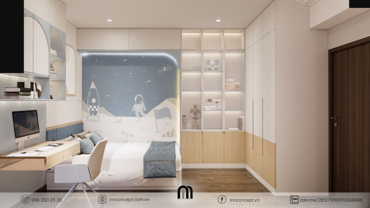 Thiết kế nội thất phòng ngủ bé trai chủ đề vũ trụ.