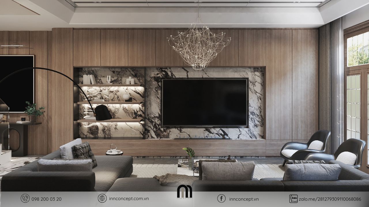 Thiết kế nội thất villa phong cách luxury minimalist vách tivi đá marble.