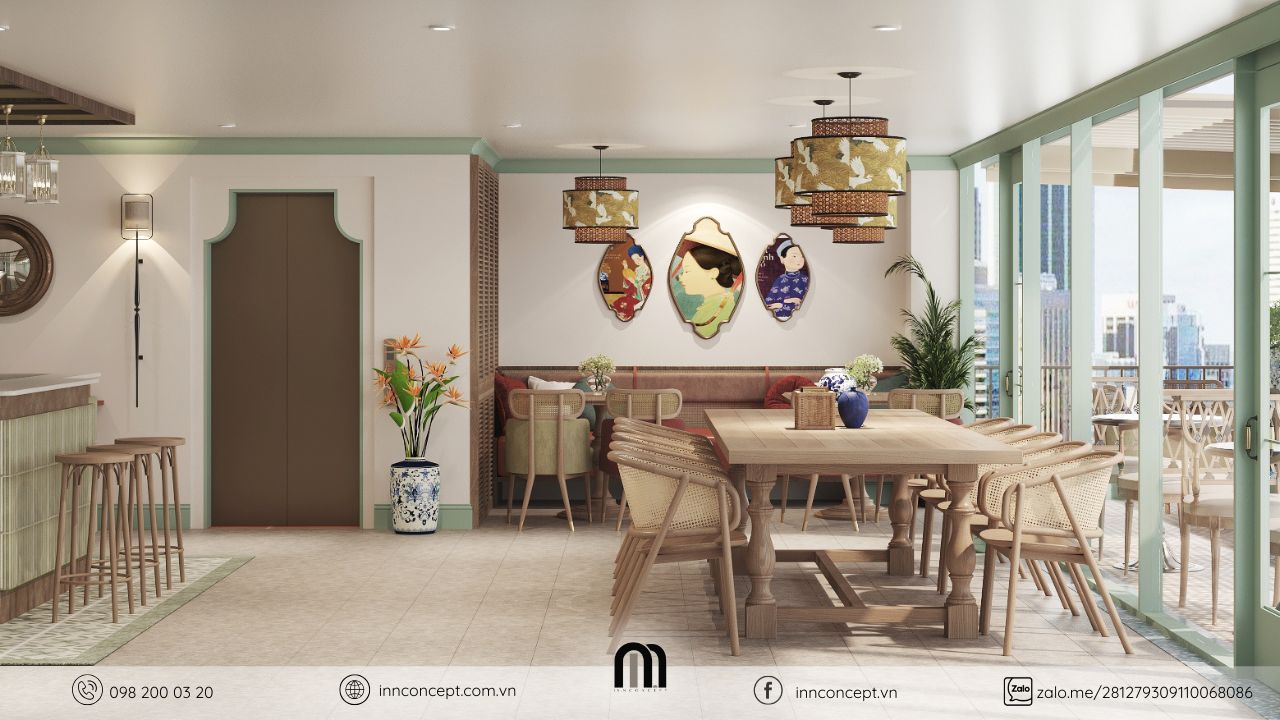 Thiết kế nội thất khách sạn phong cách Indochine địa trung hải khu vực bàn ăn dài.