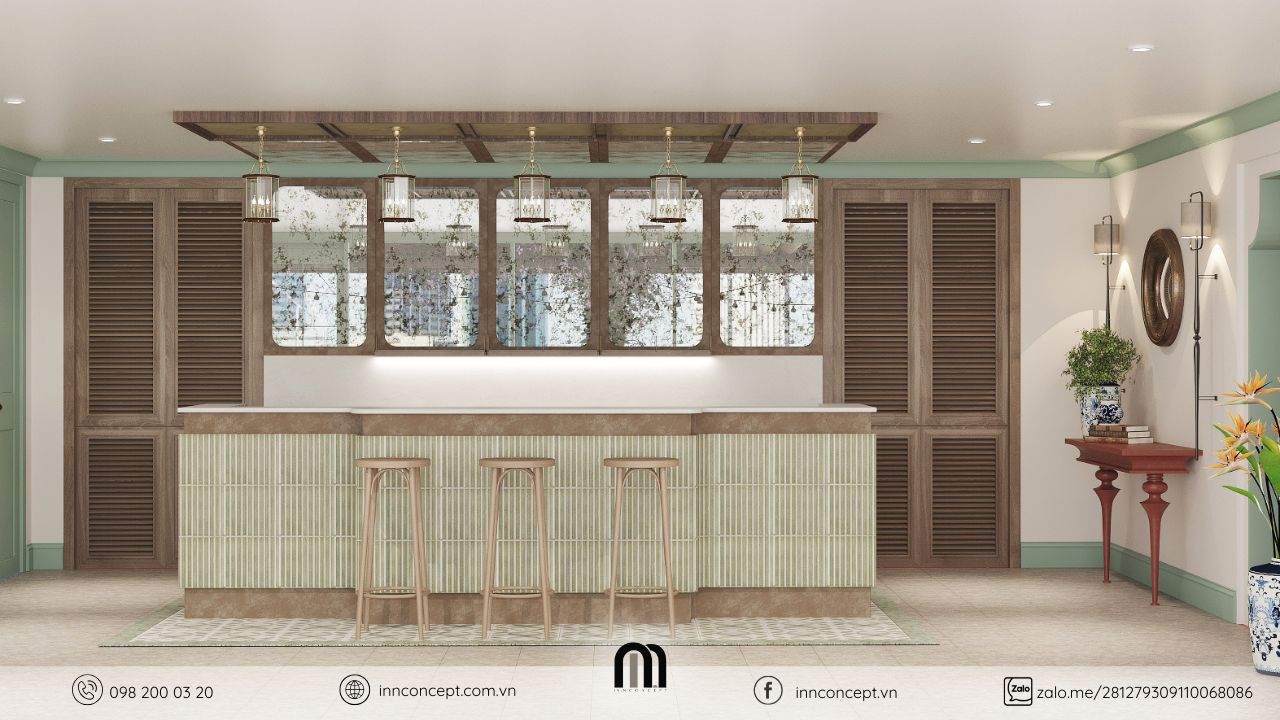 Thiết kế quầy bar Villa Song hotel phong cách Indochine địa trung hải ấn tượng.