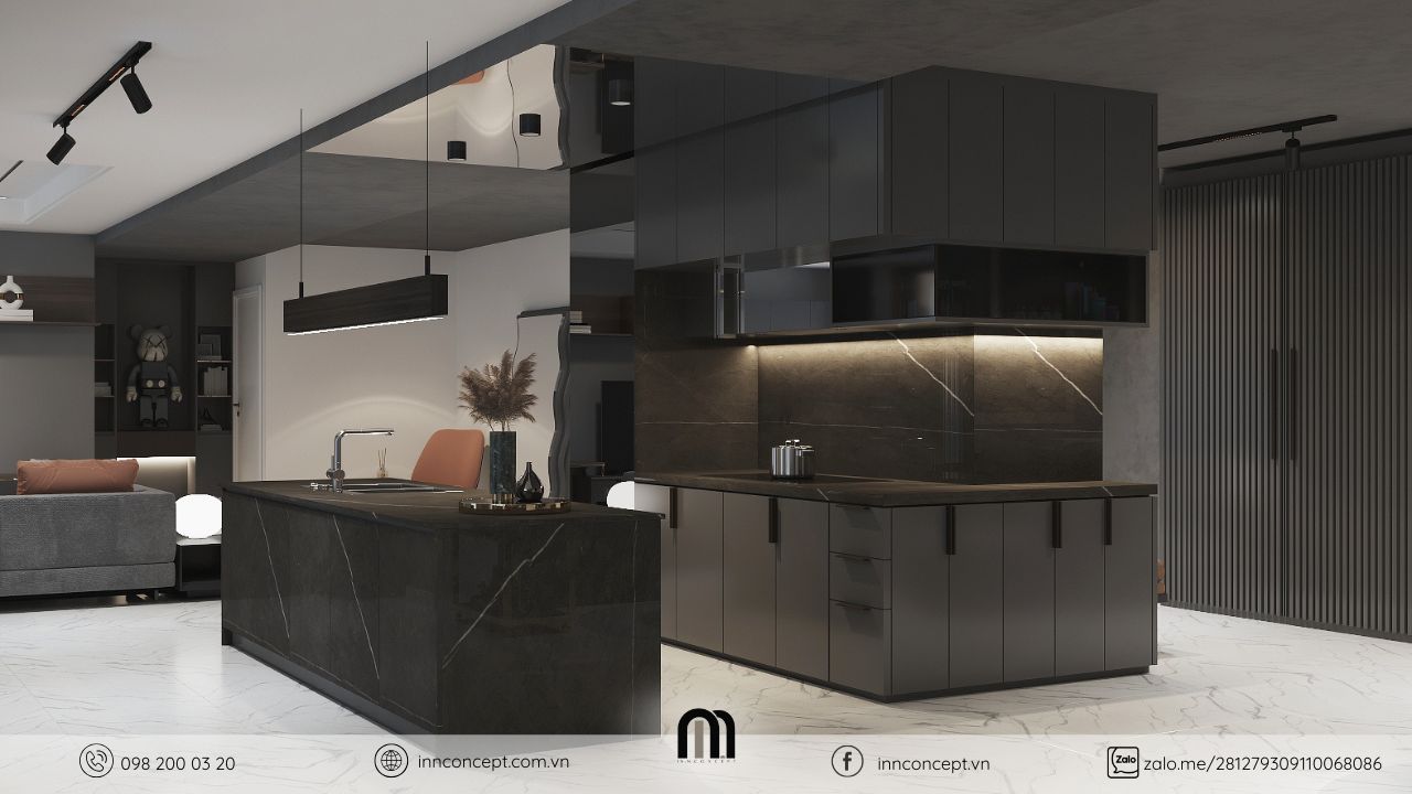 Thiết kế tủ bếp đen mờ sang trọng tại Vinhomes.