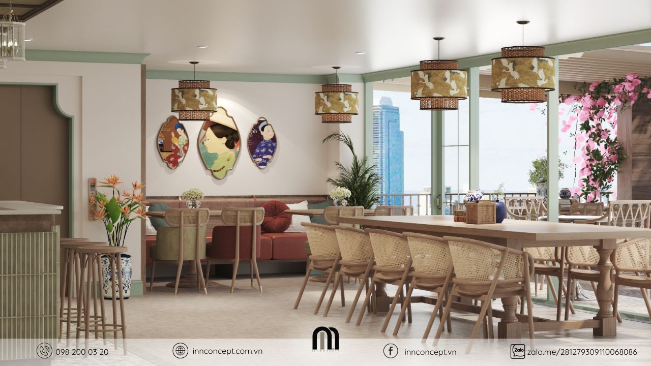 Tranh tường nghệ thuật thiếu nữ áo dài trong thiết kế nội thất khách sạn phong cách Indochine.