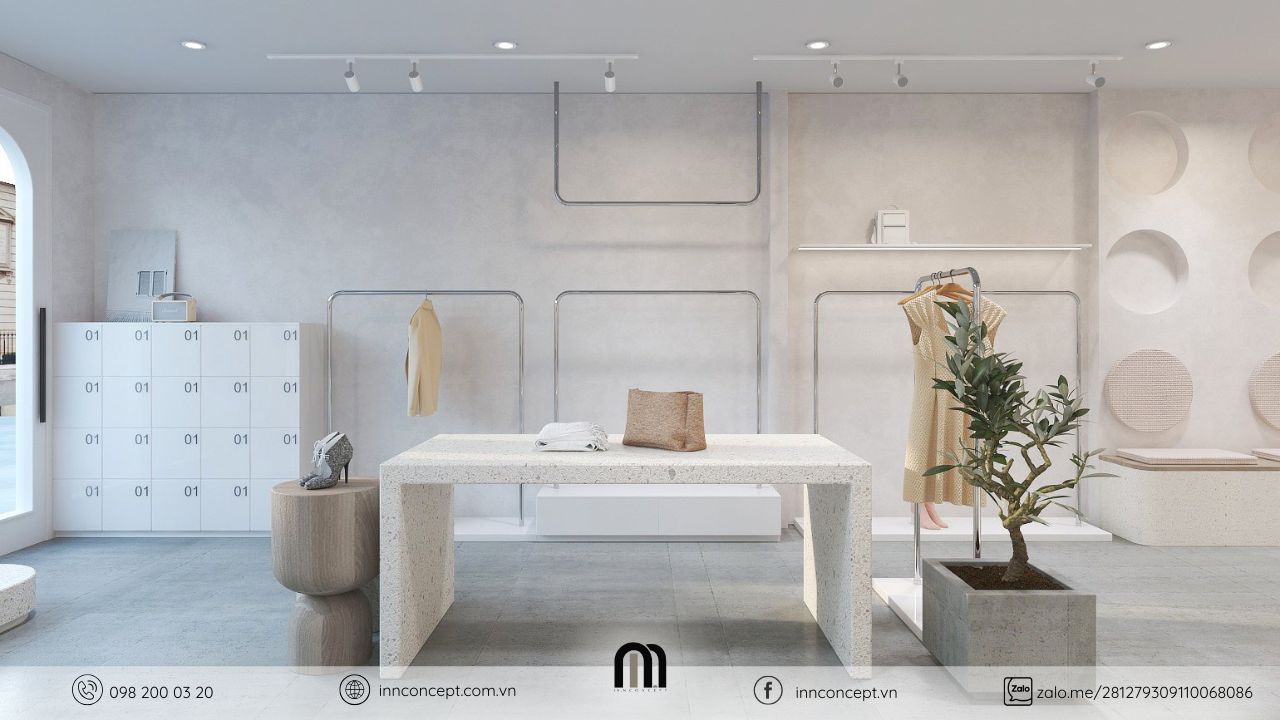 Tủ locker tinh tế trong thiết kế shop thời trang.