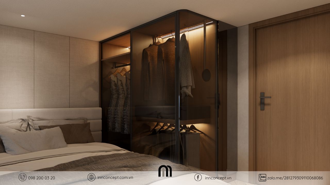 Tủ quần áo cánh kính màu trà trong phòng ngủ.