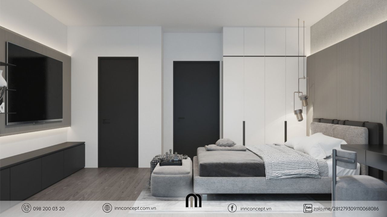 Tủ quần áo kịch trần trắng bóng gương trong phòng ngủ hiện đại.