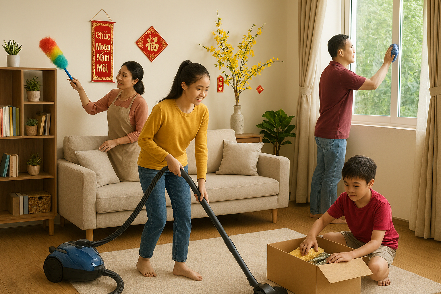 Gia đình Việt Nam cùng nhau tất bật dọn dẹp nhà trước Tết.