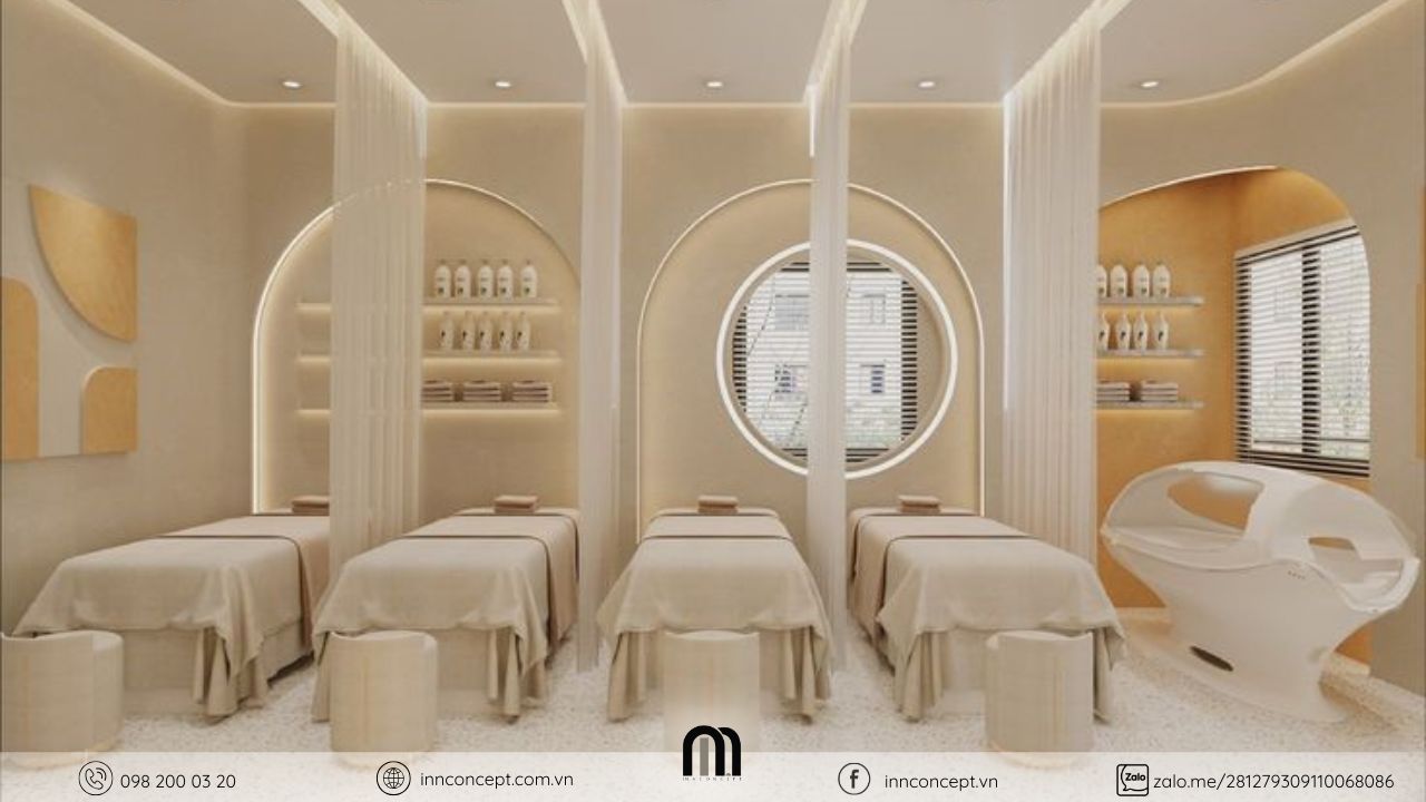 Không gian thư giản, thoải mái trong thiết kế nội thất spa clinic.