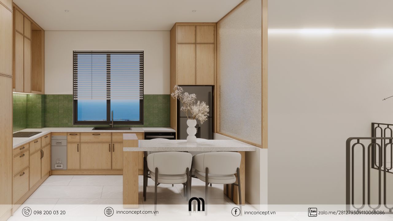 Phòng bếp được thiết kế tối ưu diện tích, đảm bảo tiện nghi và thẩm mỹ.