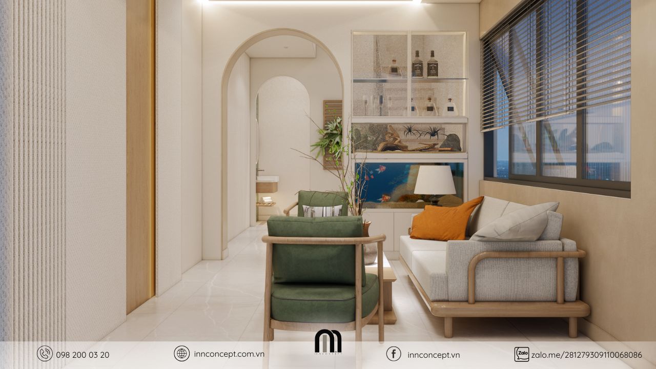 Phòng khách ngăn vách tròn uyển chuyển kết hợp kệ kính trong suốt, tạo không gian thoáng đãng.