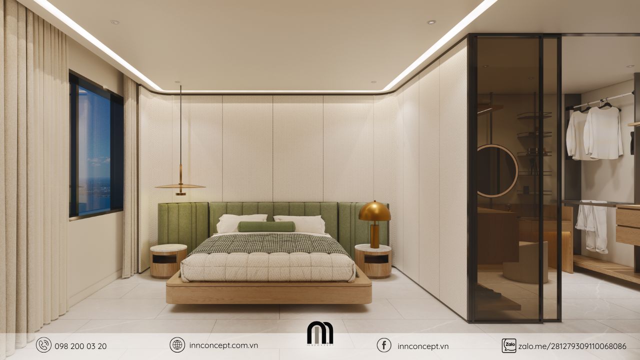 Phòng ngủ mang phong cách tối giản hiện đại, sử dụng gam màu trung tính kết hợp điểm nhấn xanh lá.