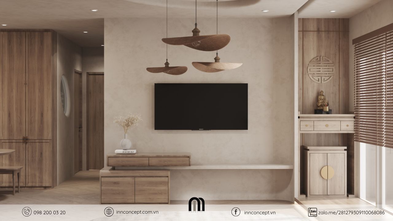 Sự kết hợp giữa Wabi-sabi và nét Á Đông mang đến không gian sống ấm cúng, đầy gần gũi.