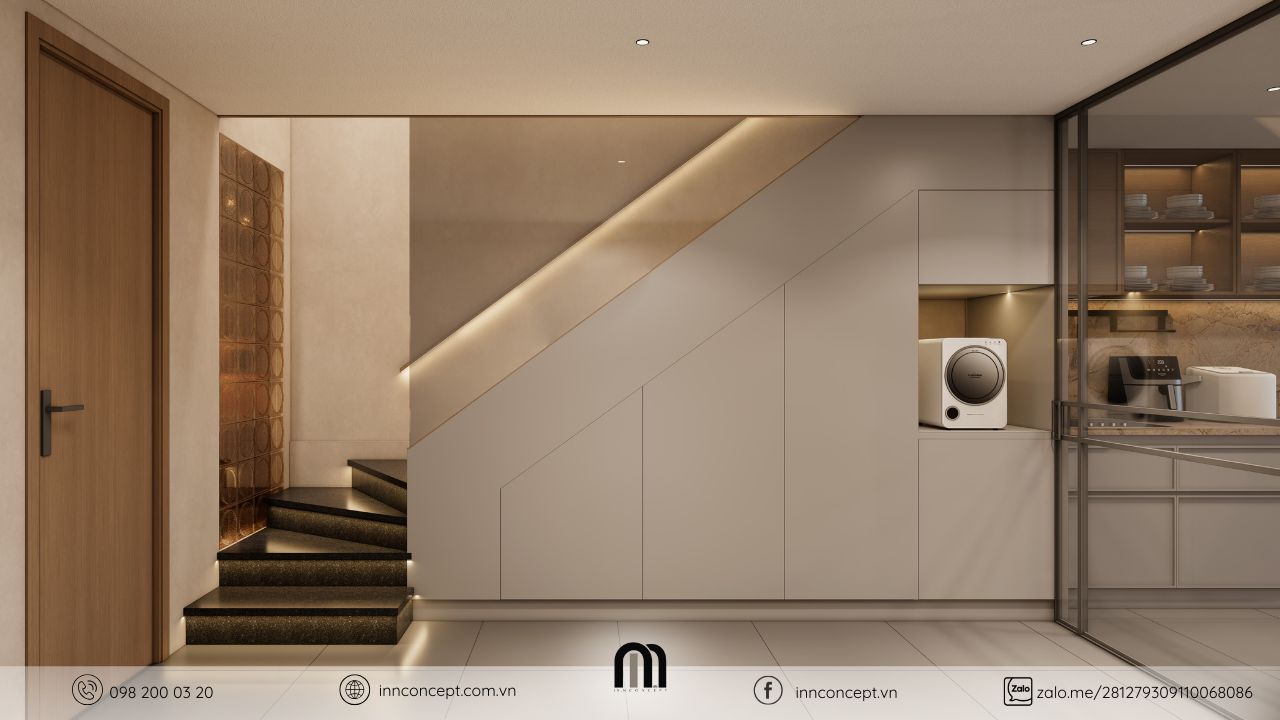 Tận dụng khoảng trống để thiết kế tủ âm tường, vừa gọn gàng vừa tiện lợi.