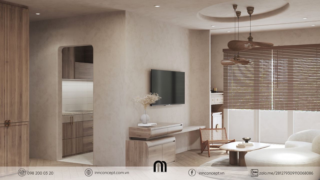 Ánh sáng tự nhiên trong thiết kế chung cư phong cách Wabi Sabi.