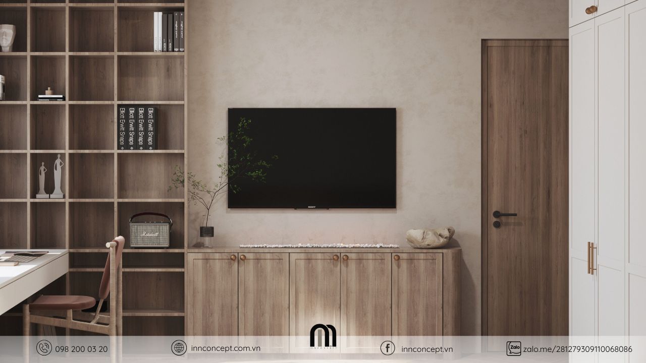 Hệ kệ tivi và tủ sách gỗ đa năng cho chung cư.