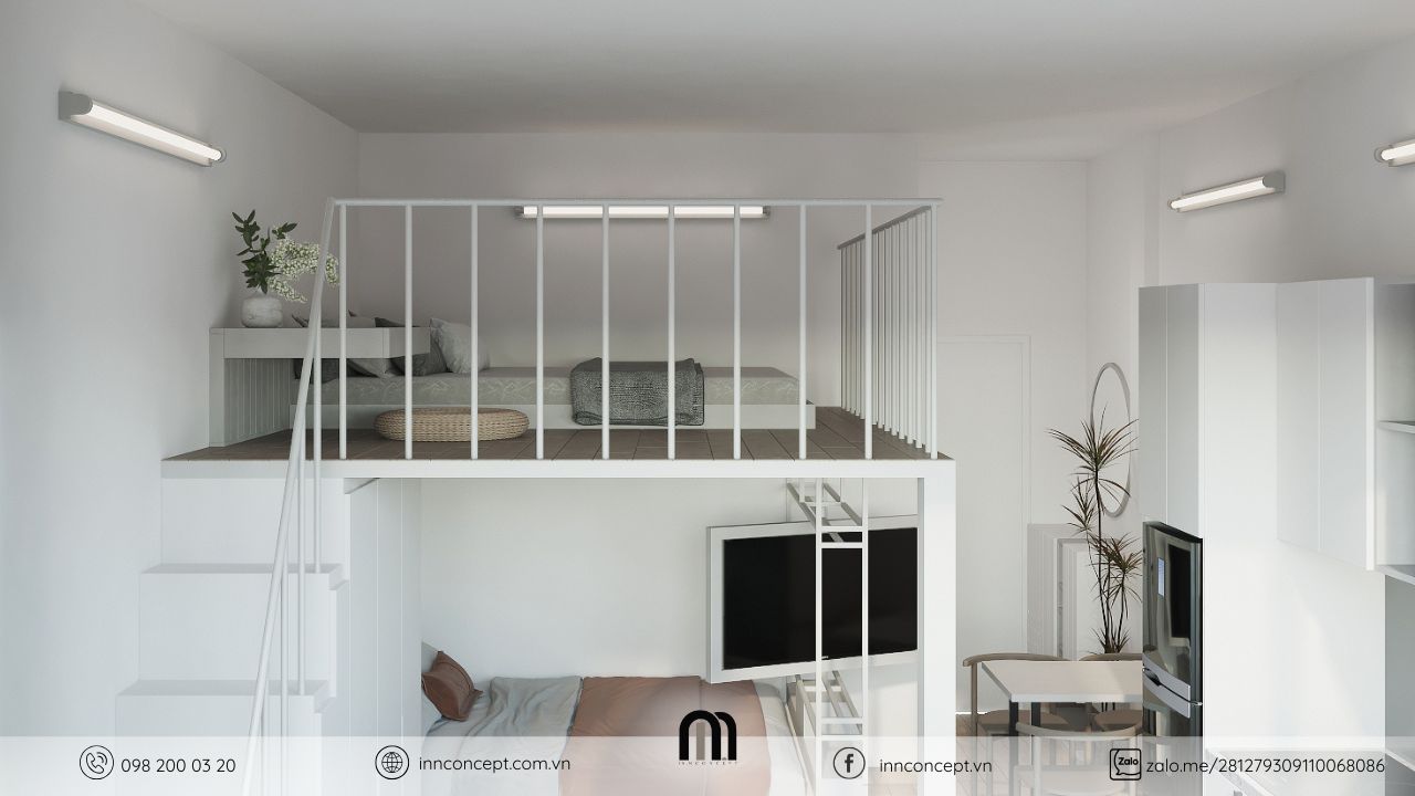 Không gian ngủ tầng lửng ấm cúng và riêng tư trong thiết kế nội thất căn hộ dịch vụ.