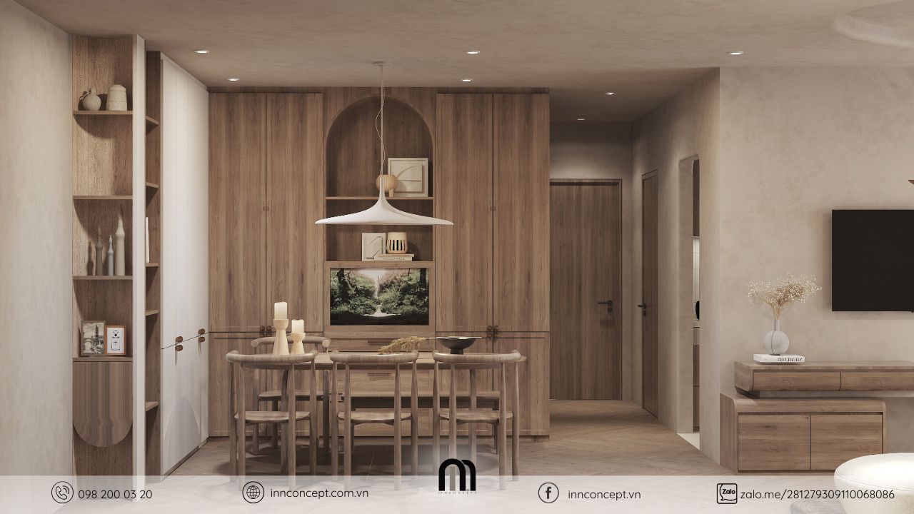 Khu vực bàn ăn chung cư phong cách Wabi Sabi tinh tế.