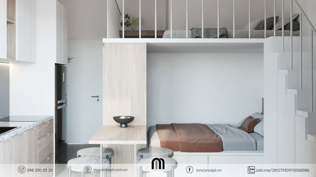 Thiết kế nội thất căn hộ dịch vụ 45m2 gác lửng hiện đại tại Quận 7.