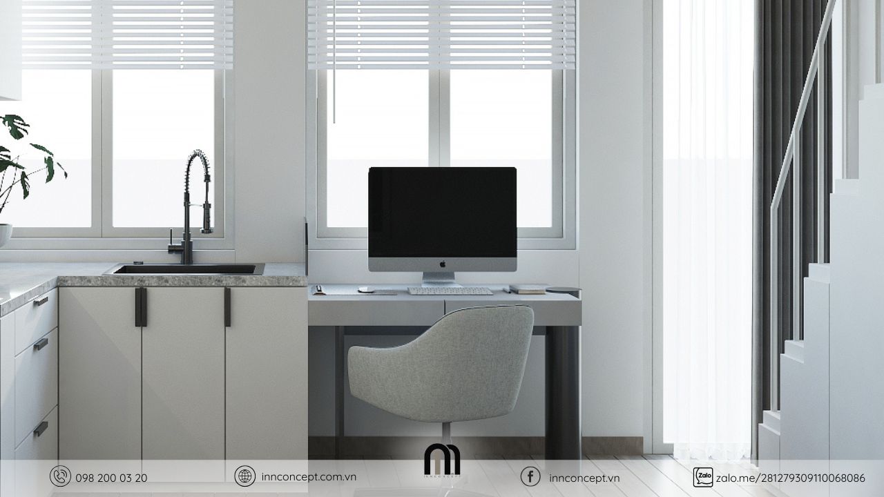 Thiết kế nội thất căn hộ dịch vụ góc làm việc cạnh cửa sổ để tận dụng ánh sáng tự nhiên.