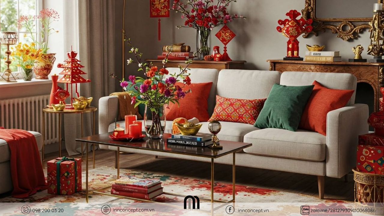 Ánh sáng tự nhiên và sắc đỏ giúp phòng khách ngập tràn không khí Tết.