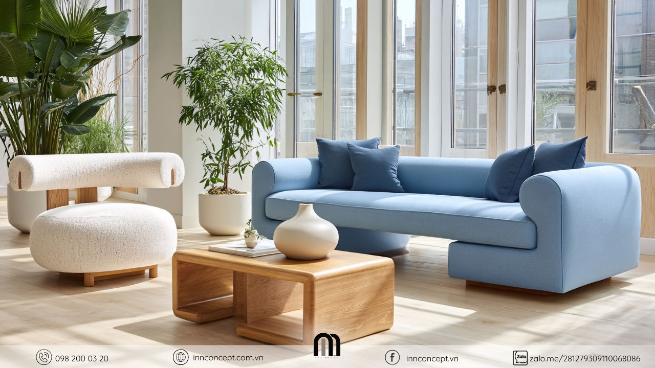 Gam màu be, xanh pastel kèm ánh sáng tự nhiên, cây cảnh trong thiết kế nội thất nhà mát mẻ mùa hè.